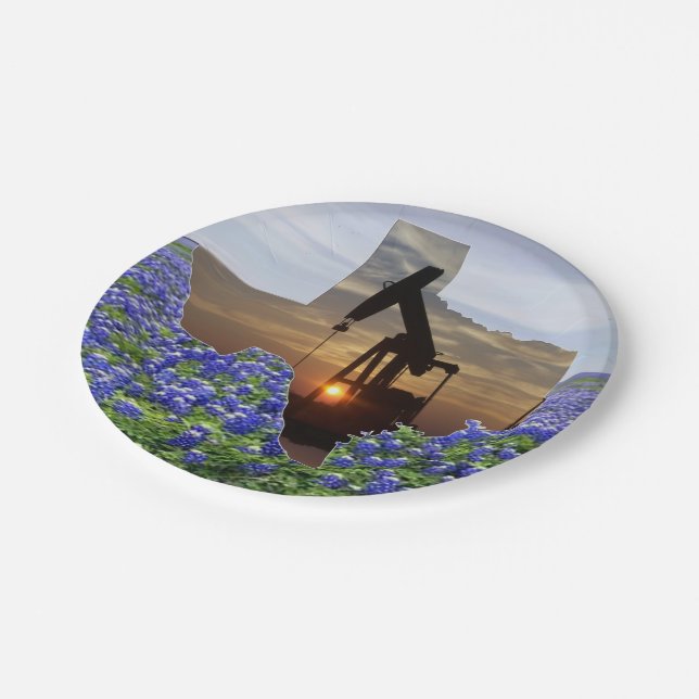 Texas Oil Pump Jack At Sunset On Bluebonnets Paper Plates (Angled)