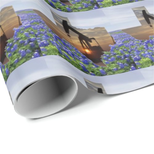 Texas Oil Pump Jack At Sunset On Bluebonnets Wrapping Paper