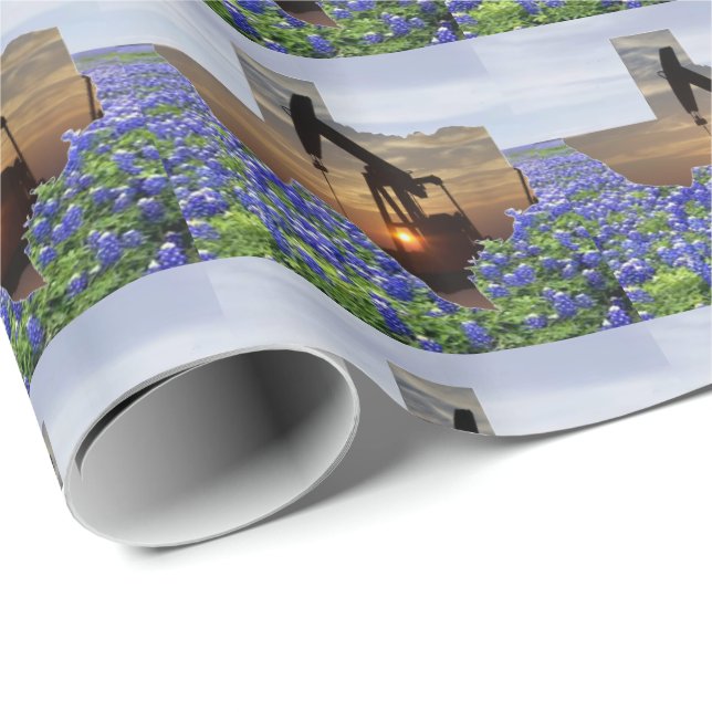 Texas Oil Pump Jack At Sunset On Bluebonnets Wrapping Paper (Roll Corner)