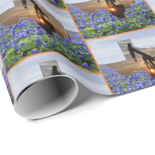 Texas Oil Pump Jack At Sunset On Bluebonnets Wrapping Paper