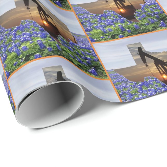 Texas Oil Pump Jack At Sunset On Bluebonnets Wrapping Paper (Roll Corner)