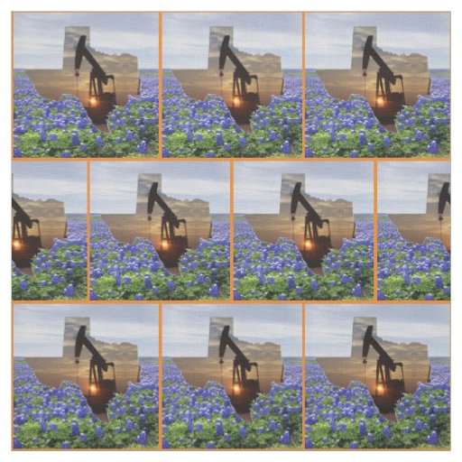 Texas Oil Pump Jack Sunset and Bluebonnets Border Fabric