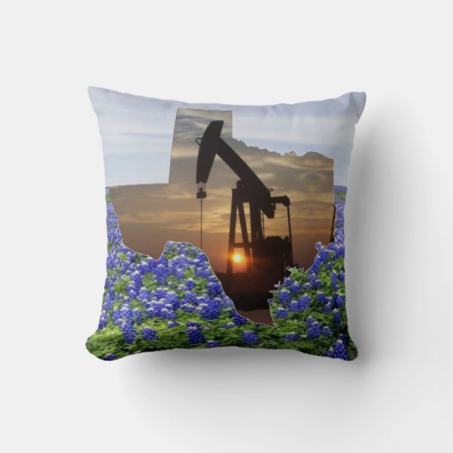 Texas Oil Pump Jack Sunset and Bluebonnets Throw Pillow (Front)