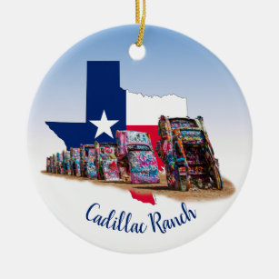 Texas outline & Cadillac Ranch Cars Ceramic Ornament