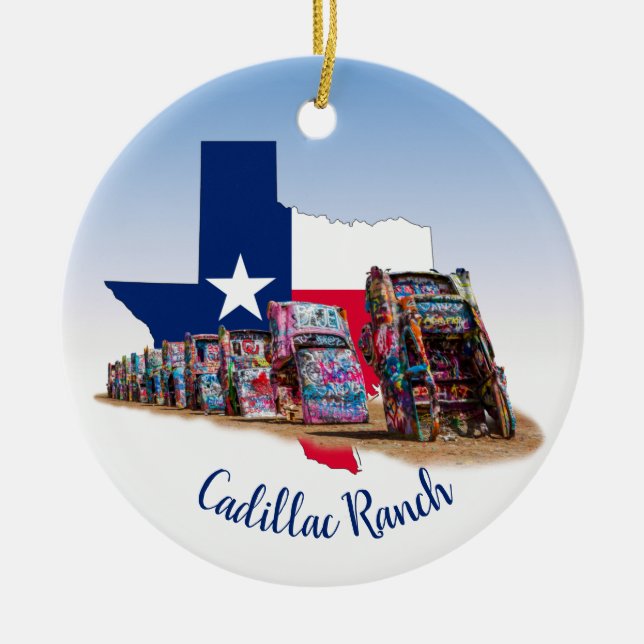 Texas outline & Cadillac Ranch Cars Ceramic Ornament (Front)