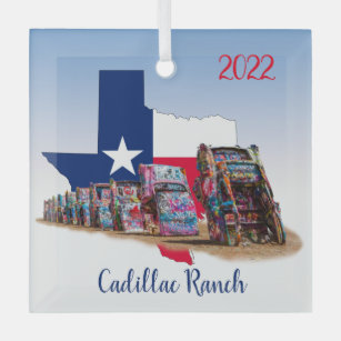 Texas outline & Cadillac Ranch Cars Glass Ornament