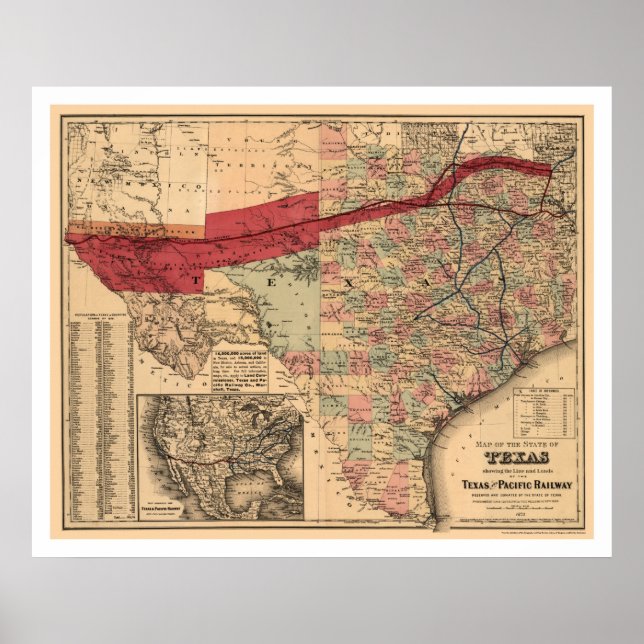 Texas & Pacific Railroad Map 1873 Poster (Front)