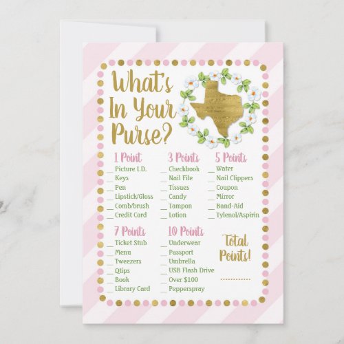 Texas Pink Gold Whats In Your Purse Shower Game Invitation