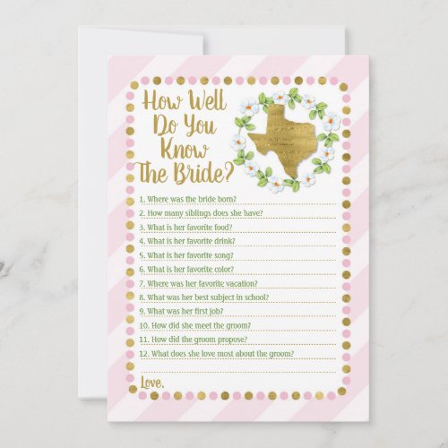 Texas Pink How Well Do You Know The Bride Game Invitation