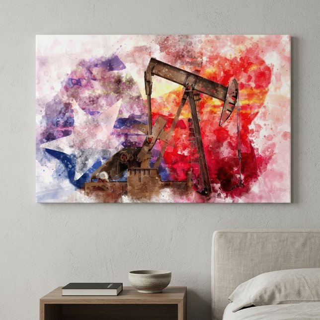 Texas Pumpjack Watercolor with Texas Flag Art Canvas Print (Texas Pumpjack Watercolor with Texas Flag Art. Canvas Print)
