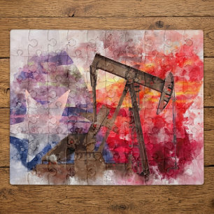 Texas Pumpjack Watercolor with Texas Flag Art Jigsaw Puzzle