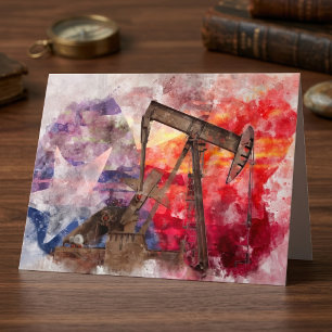 Texas Pumpjack Watercolor with Texas Flag Art Thank You Card