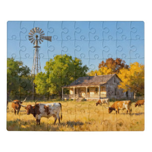 Texas Ranch House in Fall with Longhorns Jigsaw Puzzle