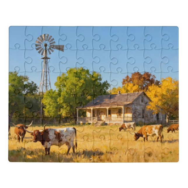 Texas Ranch House in Fall with Longhorns Jigsaw Puzzle (Puzzle Horizontal)