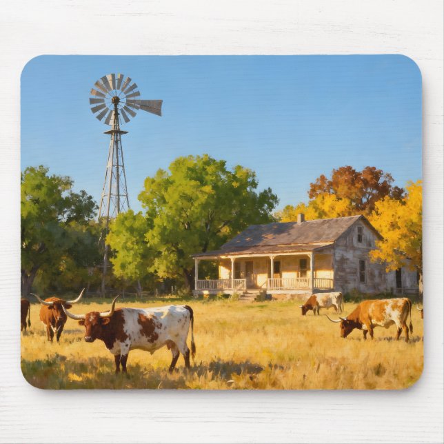 Texas Ranch House in Fall with Longhorns Mouse Pad (Front)
