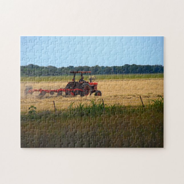 Texas rancher on red tractor harvests hay jigsaw puzzle (Horizontal)