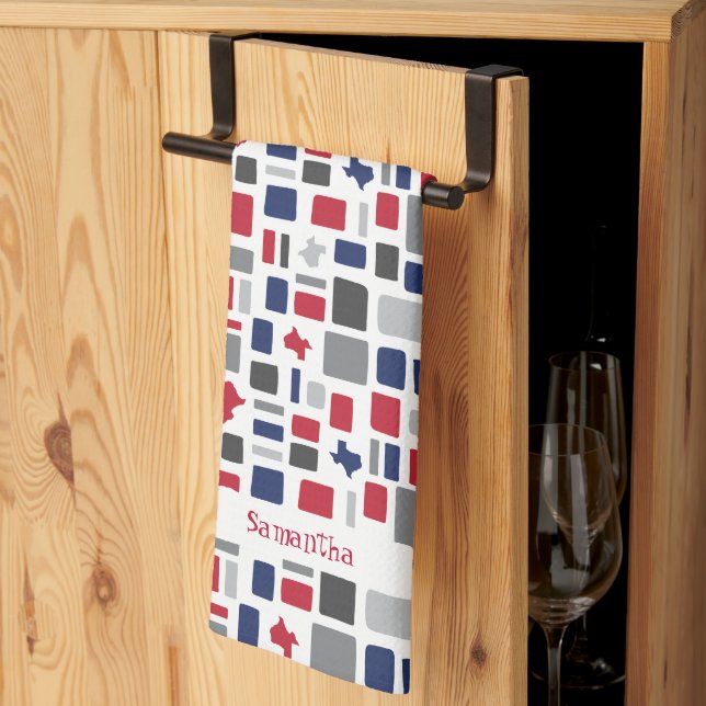 Texas Red & Blue Wonky Squares & Rectangles Kitchen Towel (Thirds Fold)
