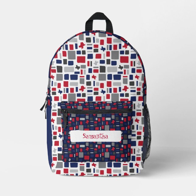 Texas Red & Blue Wonky Squares & Rectangles Printed Backpack (Front)