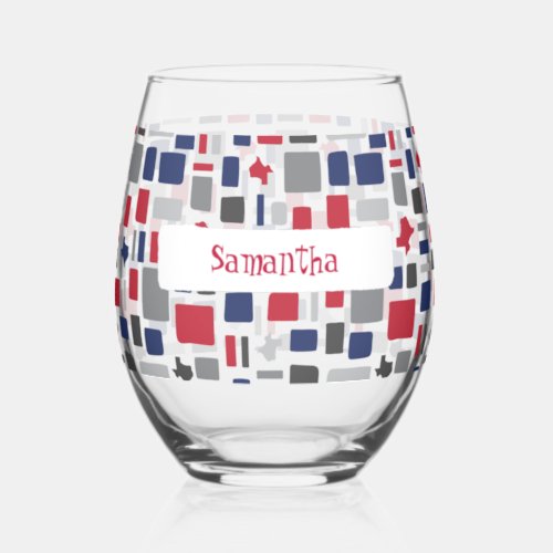 Texas Red  Blue Wonky Squares  Rectangles Stemless Wine Glass