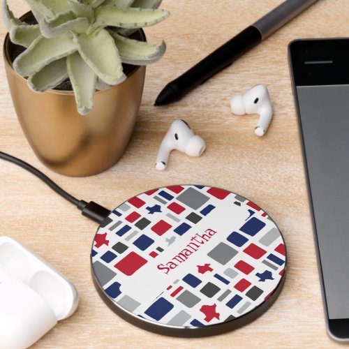 Texas Red  Blue Wonky Squares  Rectangles Wireless Charger