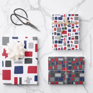 Texas Red & Blue Wonky Squares & Rectangles Wrapping Paper Sheets