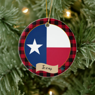 Texas, Red buffalo plaid & Texas Flag, USA Ceramic Ornament