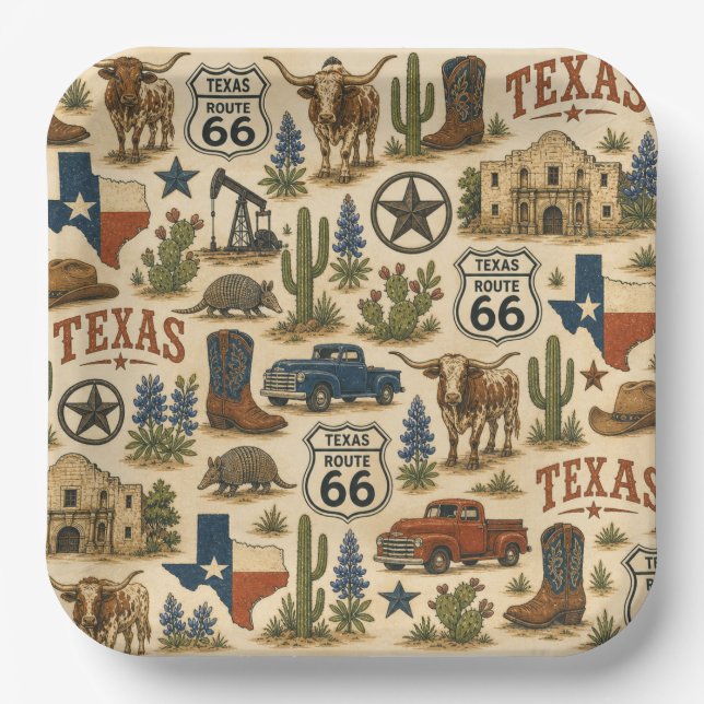 Texas Route 66 Party Ranch Paper Plates (Front)