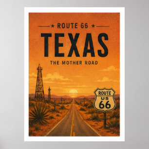 Texas Route 66 Sunset Highway Vintage Art Poster
