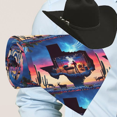 Texas Shape BBQ Pit Cowboy Deer Sunset Neck Tie