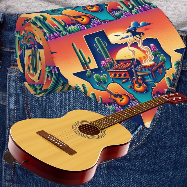 Texas Shape BBQ Pit Guitars and Sunset Neck Tie (Texas themed necktie with grill/BBQ pit, guitars cactus and sunset.)