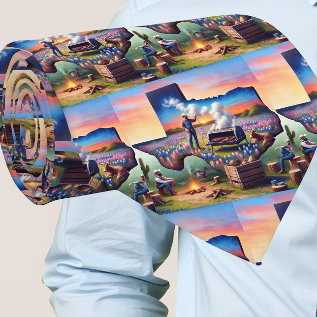 Texas Shape Cowboys BBQ Pit And Campfire Neck Tie (Texas Necktie with Texas shape, a cowboy, BBQ pit and a sunset, There are  cowboys around campfire)