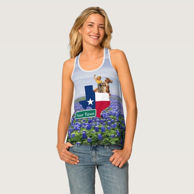 Texas  Shape Flag  Cowgirl and Custom Road Sign Tank Top (Front Full)