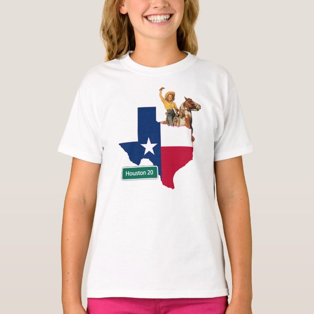 Texas Shape Flag Cowgirl And Houston Road Sign T-Shirt (Front)