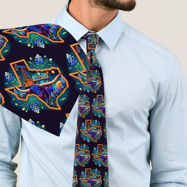 Texas Shape Longhorn Oil Pump Bluebonnets Neck Tie (Texas Themed Necktie Colorful Longhorn Steer and Bluebonnets in the shape of Texas)