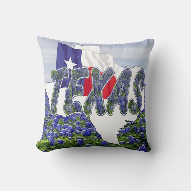 Texas Shape Texas Flag and Bluebonnets Throw Pillow (Front)