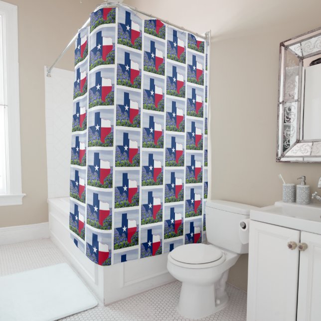 Texas Shape Texas Flag With Bluebonnets 2 Shower Curtain (In Situ)