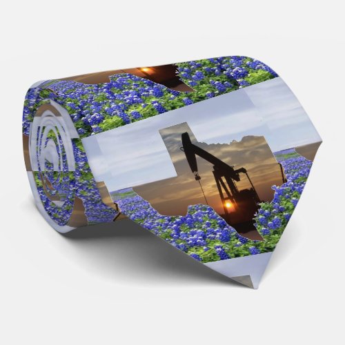 Texas Shape With Oil Pump Jack And Bluebonnets Neck Tie