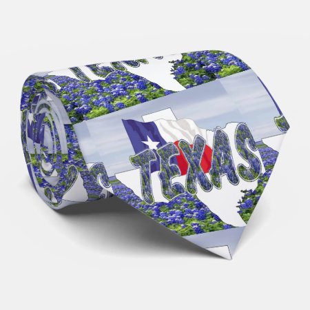 Texas Shape With Texas Flag And Bluebonnets Tie
