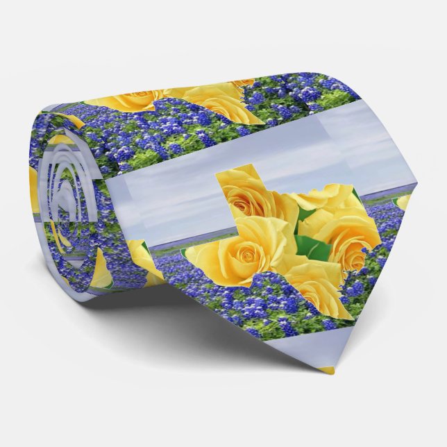 Texas Shape Yellow Roses And Bluebonnets Tie (Rolled)