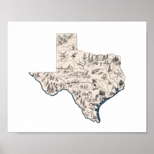 Texas Shaped Texan Lone Star Vintage Picture Map Poster