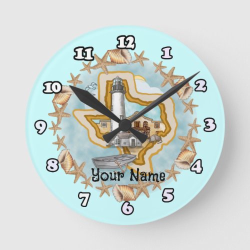 Texas Shells Lighthouse custom name  Round Clock