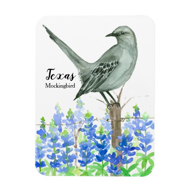 Texas Souvenir Bluebonnets Flowers Mockingbird Magnet (Vertical)