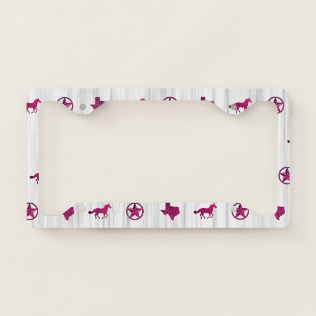Texas, Star & Horse Pattern (Pink) License Plate Frame (Front)