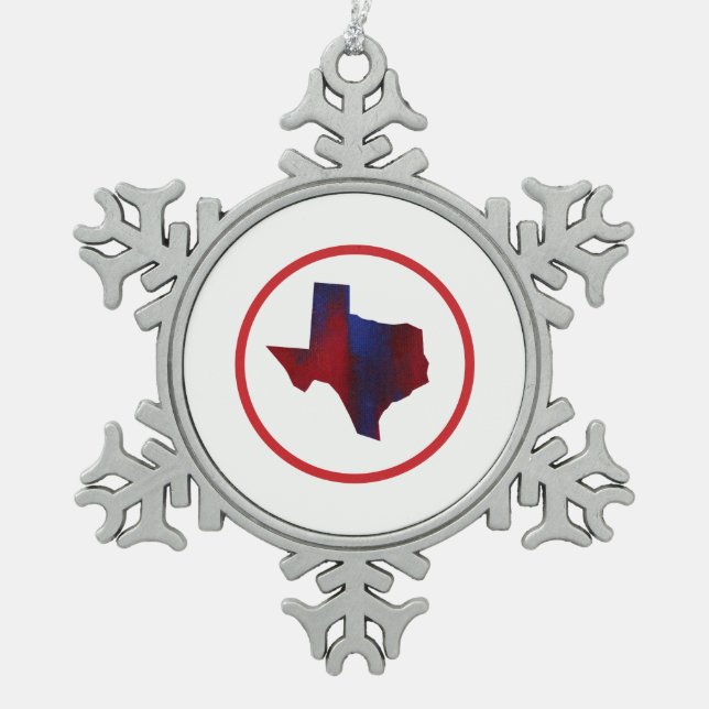 Texas State Abstract Red & Blue Snowflake Pewter Christmas Ornament (Front)