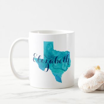 Texas State Aqua Blue Watercolor Name Custom Coffe Coffee Mug by PineAndBerry at Zazzle