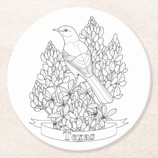 Texas State Bird & Flower Coloring Page Round Paper Coaster