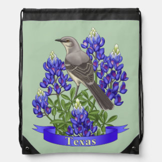 Texas State Bird Mockingbird & Bluebonnet Flower Drawstring Bag