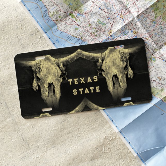 Texas State Black And White Bull Skull Design License Plate (In Situ)
