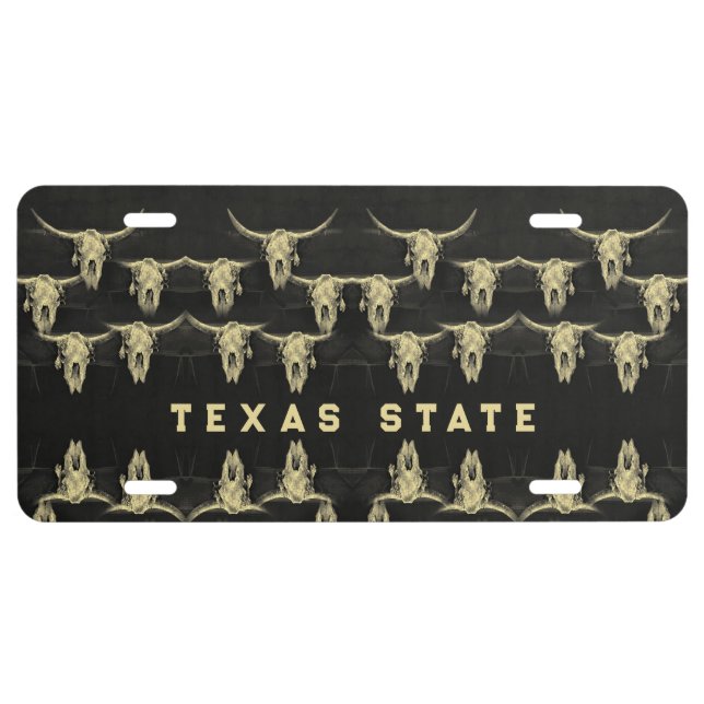 Texas State Black Beige Bull Skull Pattern License Plate (Front)