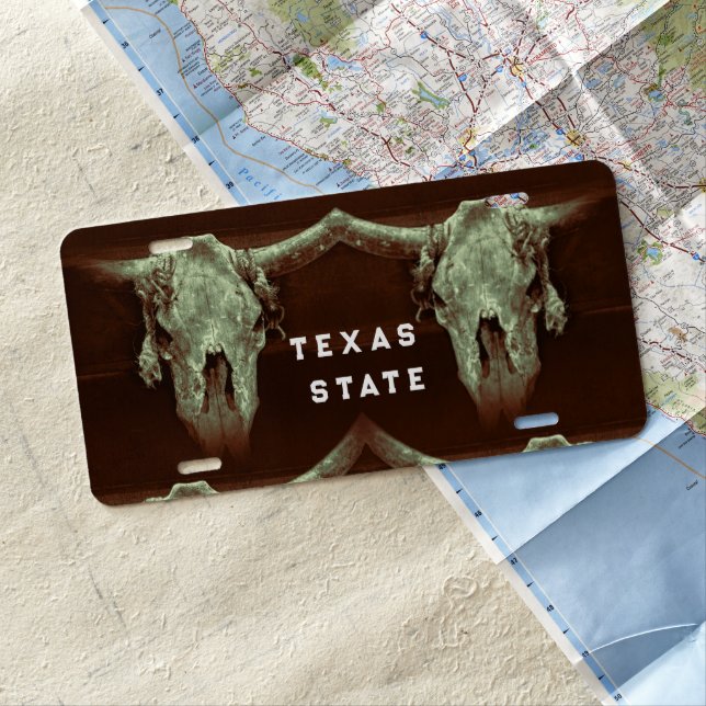 Texas State Brown Bull Skull Design License Plate (In Situ)
